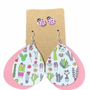 Women's Lady Bug Studs Succulent‎ Cactus Plant Dangle Earrings Set Pink White